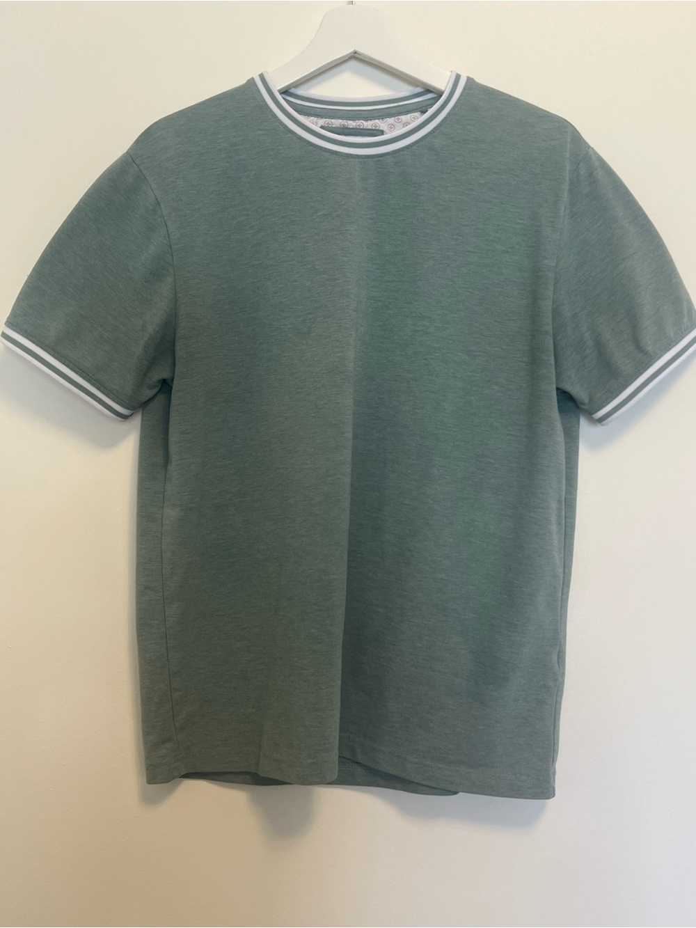 Sage Green Floral Embroidered T-Shirt | Men’s Crew Neck Tee with White Trim
